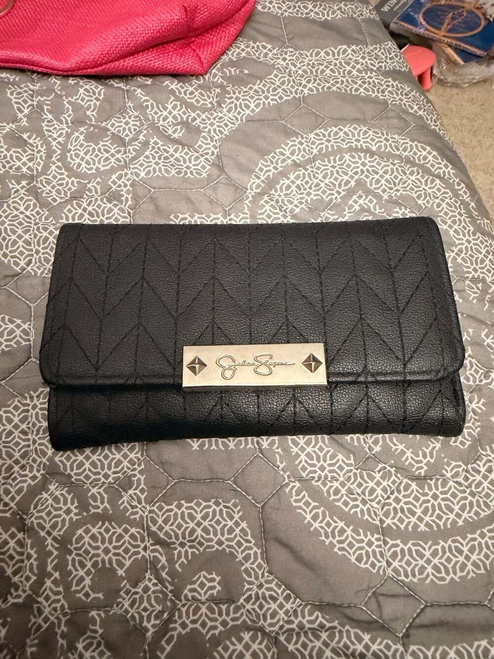 Jessica Simpson Black Quilted Faux Leather Snap Continental Long Wallet
